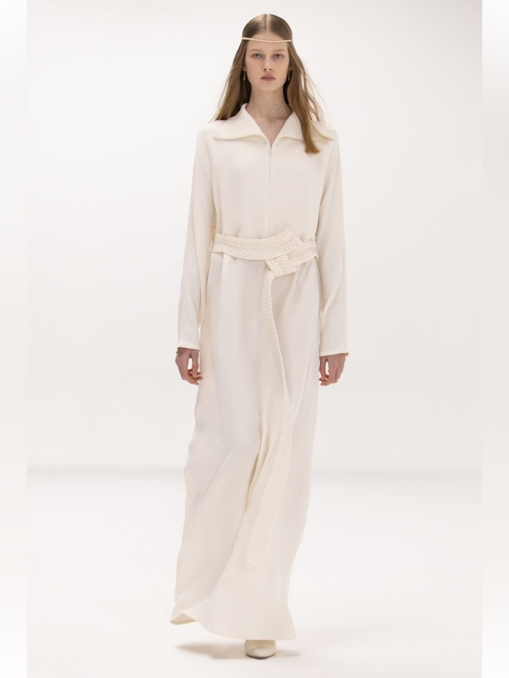 BEVZA White Long Sleeve Maxi Dress Woven Belt Minimalist Runway Sz S Bridal